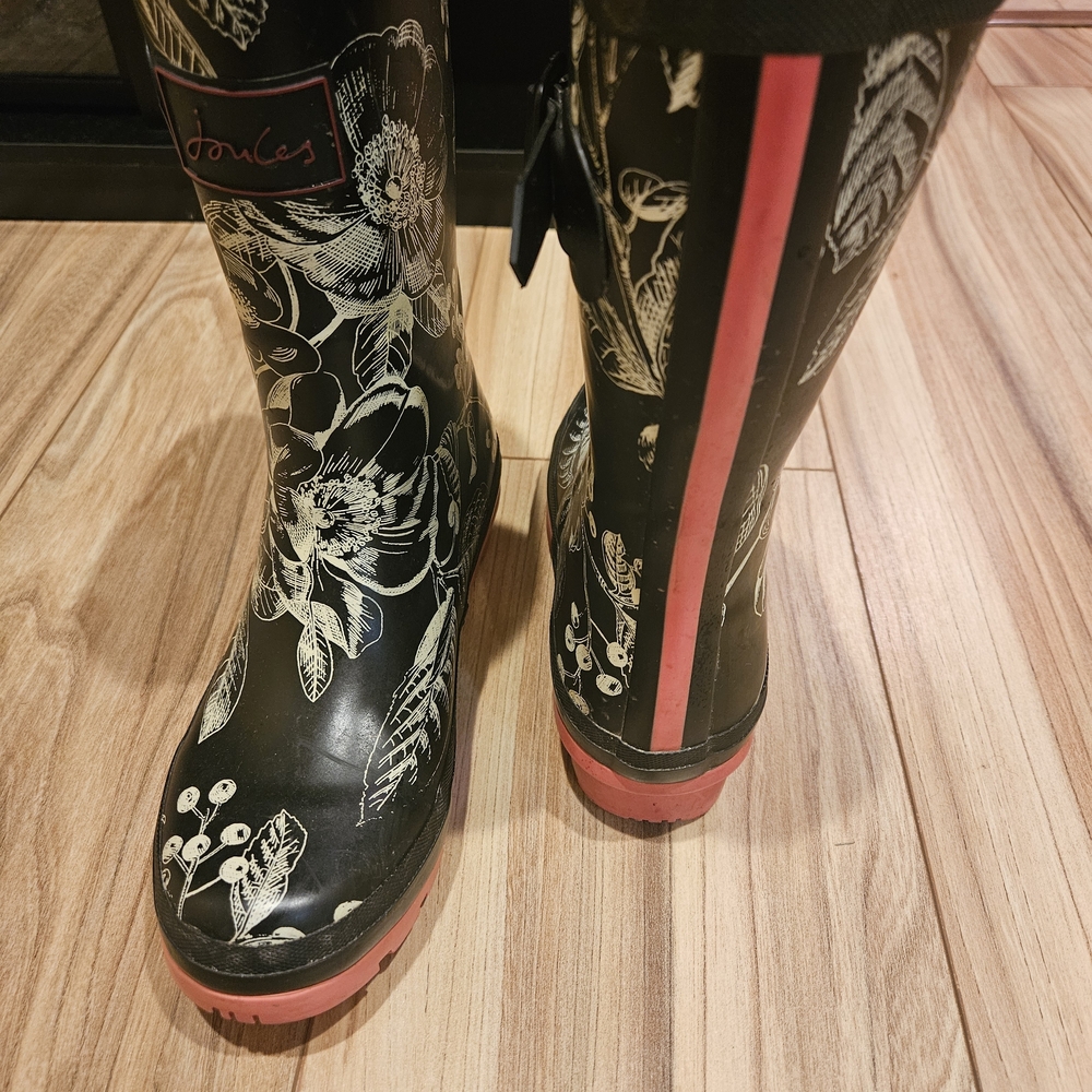 Joules Black and Pink Kids Rain Boots